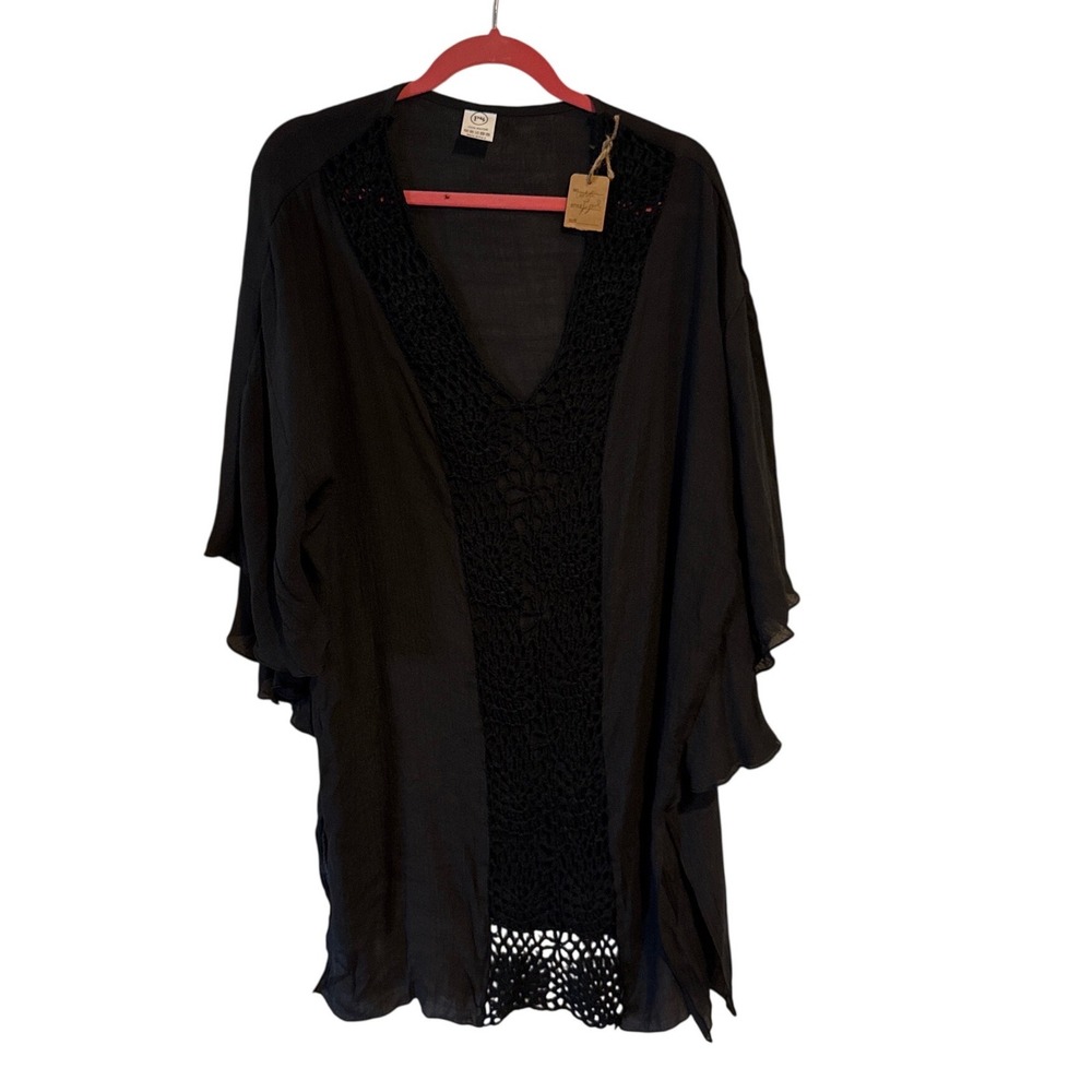 PS Ladies Black Rayon Crochet Lace Kimono Cover Up Dolman Sleeve Boho Cruise NWT